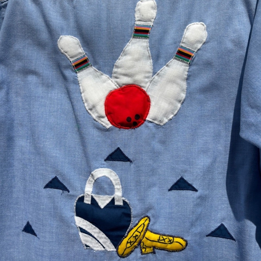 Vintage Cottage Krafts Bowling Shirt Blue Rickrack Applique Retro 1950s Womens L - Picture 4 of 7